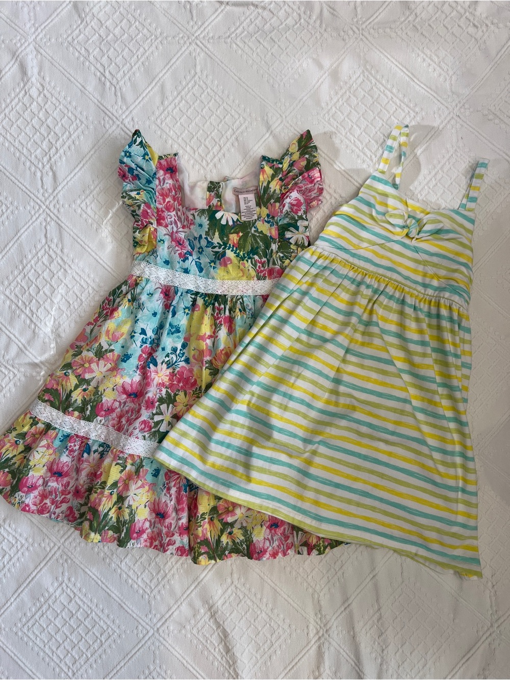 2 Girls Floral & Striped Summer Dress Set - Pink, Blue, Yellow, Green